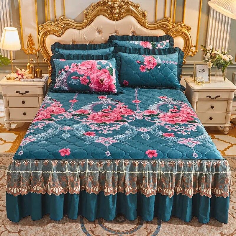 Princess Lace Quilted Bed Spreads Crystal Velvet Bedding Sheets Set King Queen Size Thick Winter Warm Cotton Wedding Bed Cover
