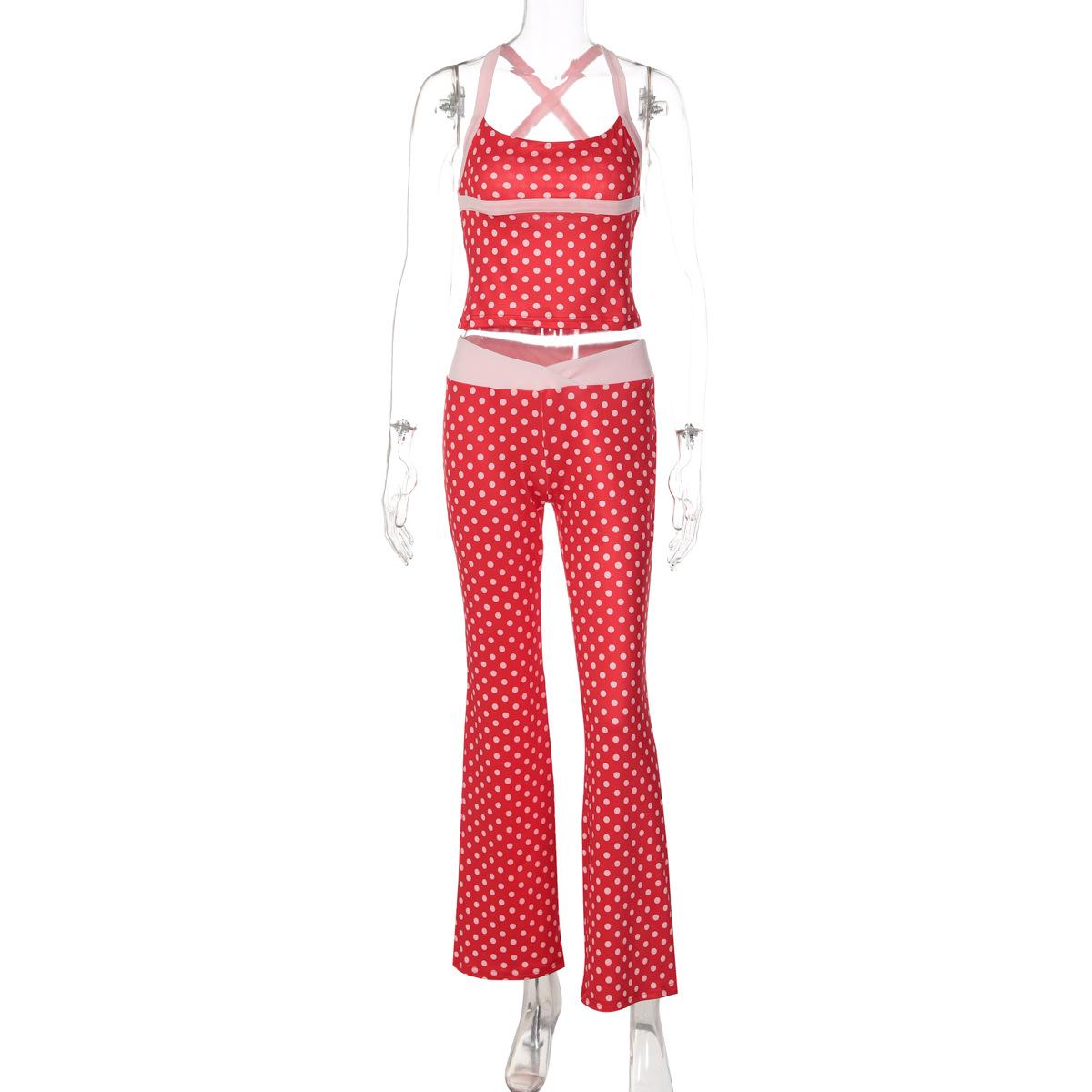 

2026 Summer Polka Dot Tank Top & Color Block Low Waist Pants Set Women Fashion 2 Piece Outfit L червоний
