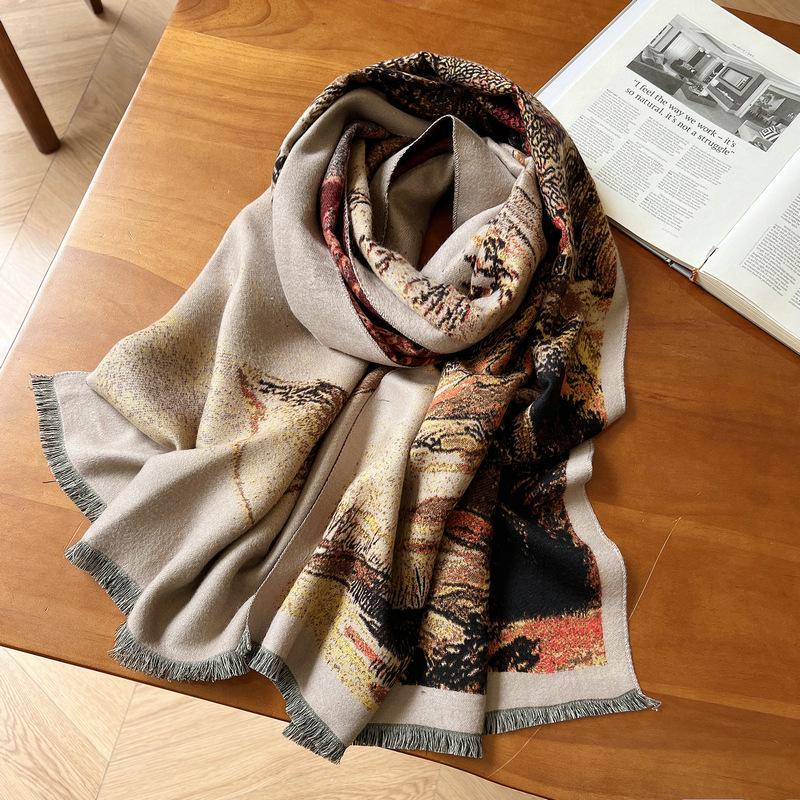Ethnic Style Landscape Oil Painting Scarf - Autumn/Winter Fashion for Female Students, Warm Imitation Cashmere Shawl