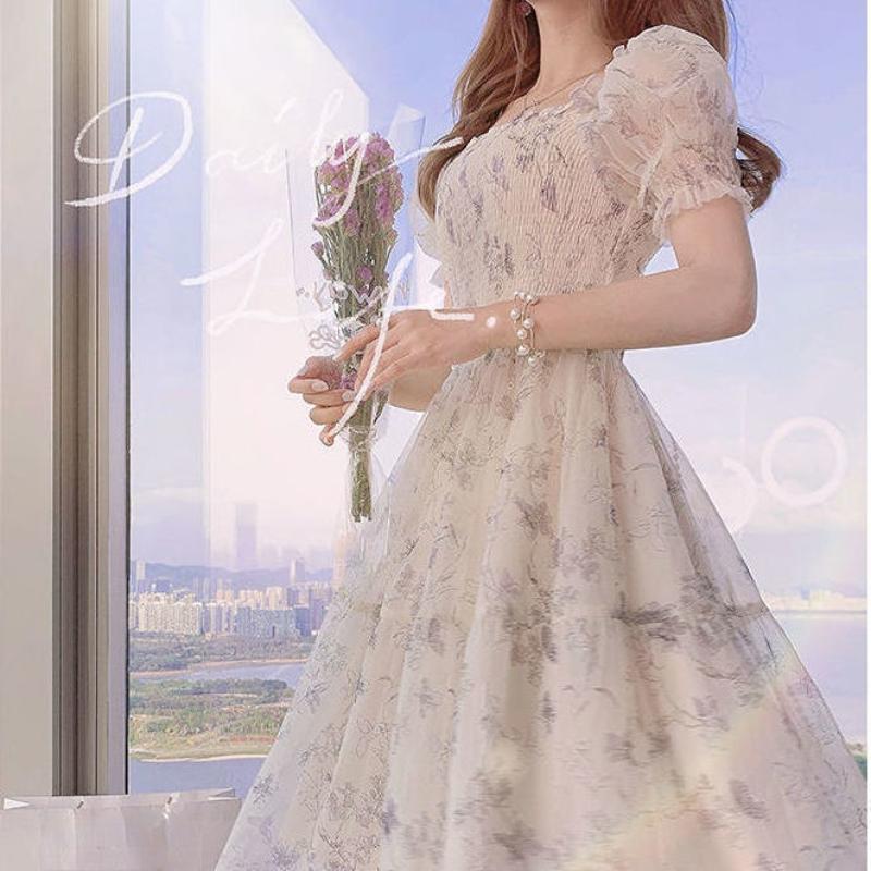 French Square Neck Floral Dress Trend Temperament Thin Chiffon Fairy Long Skirt Slim Waist Bundle Hundred with Bubble Sleeve Dresses