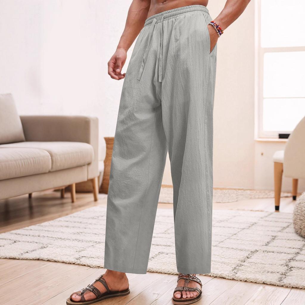 European and American Men's Linen Straight Loose Pants Solid Color Casual Lace-up Wide-leg Beach Pants