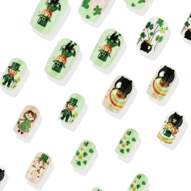 Square Press on Nail Shamrock Fake Nail Stick on Nail 12 Size,24 Pcs French Nail Tips for DIY Nail Art Decorations
