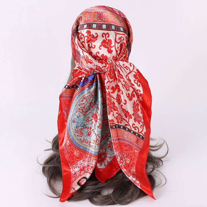 Satin Square Scarf for Women Muslim Hijab Elegant Print Silk Neckerchief Shawl Wraps Headband Bag Handle Bandana Islamic Turban