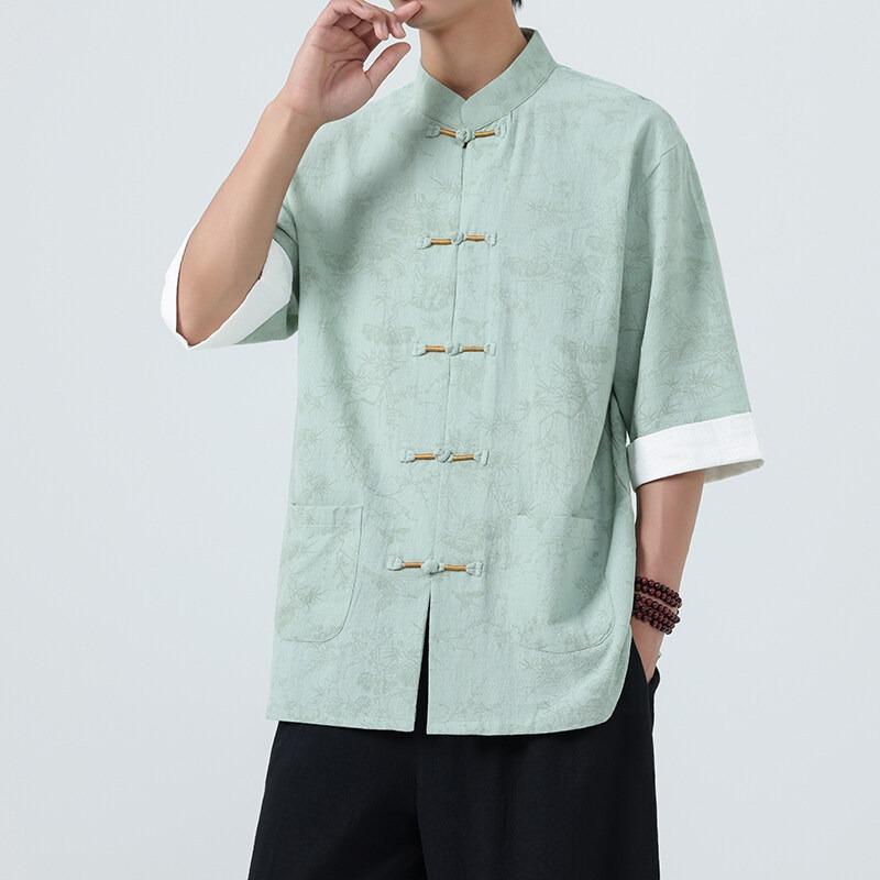 Men's Lightweight Mandarin Collar Printed Shirt Summer Chinese Style Oriental Design Casual Cultural Wear