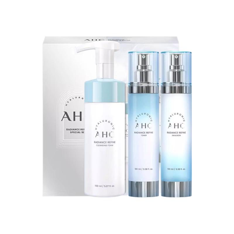 AHC Radiance Refine 3pcs Skin Care Set,100ml Toner+100ml Emulsion+150ml Cleanser,Brightening Hydrating Korean Facial Kit