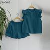 ZANZEA Women Summer V-Neck Short Sleeve Lace Vest Shorts Sets