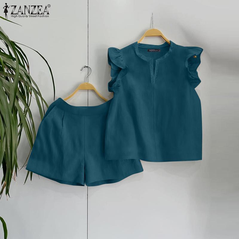 ZANZEA Women Summer V-Neck Short Sleeve Lace Vest Shorts Sets