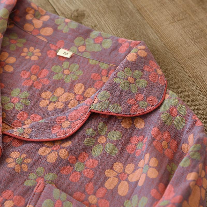 Pijamale de damă cu imprimeu floral etnic - Mânecă lungă, Bumbac pur, Gaze dublu strat, pentru Primăvară și Toamnă - Perfecte pentru femei de vârstă mijlocie și vârstnice.