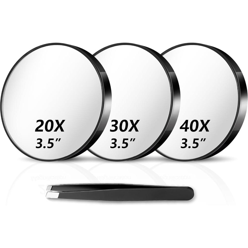 Set di Specchi Ingrandenti (20X, 30X, 40X) Specchietti da Viaggio Compatti da 3,5" con Pinzette e Ventose per Trucco, Sopracciglia e Peli Incarniti
