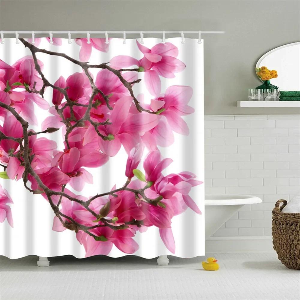 Rose Plum Blossom Flowers Print Waterproof Shower Curtain Washable Fabric Bath Curtain Home Bathroom Curtains With 12 Hooks