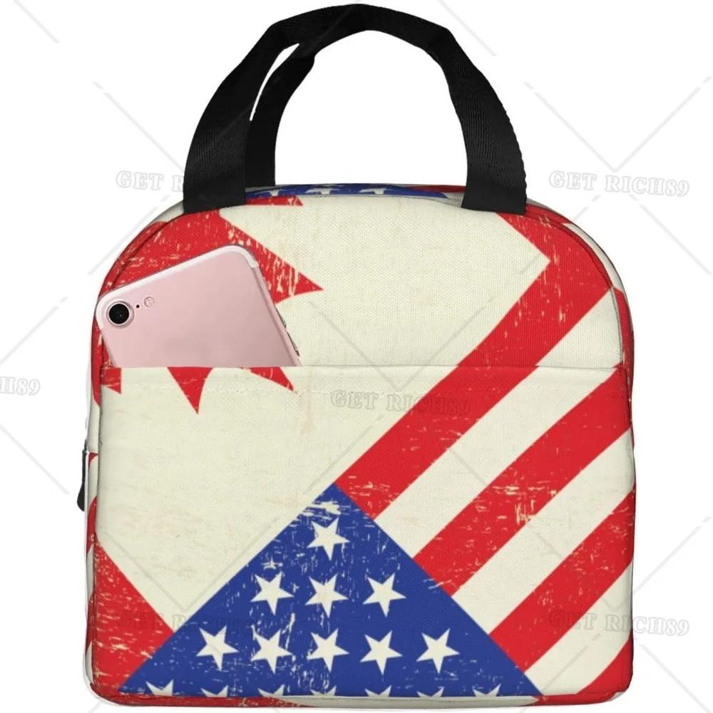 American Usa Flag Lunch Tote Bag for Women Men Reusable Insulated Cooler Lunch Box Container with Pocket for Work Office Trip