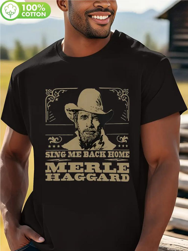Merle Haggard Vintage Graphic T-shirt - 100% Cotton Crew Neck Short Sleeve Tee with "Sing Me Back Home" Retro Design