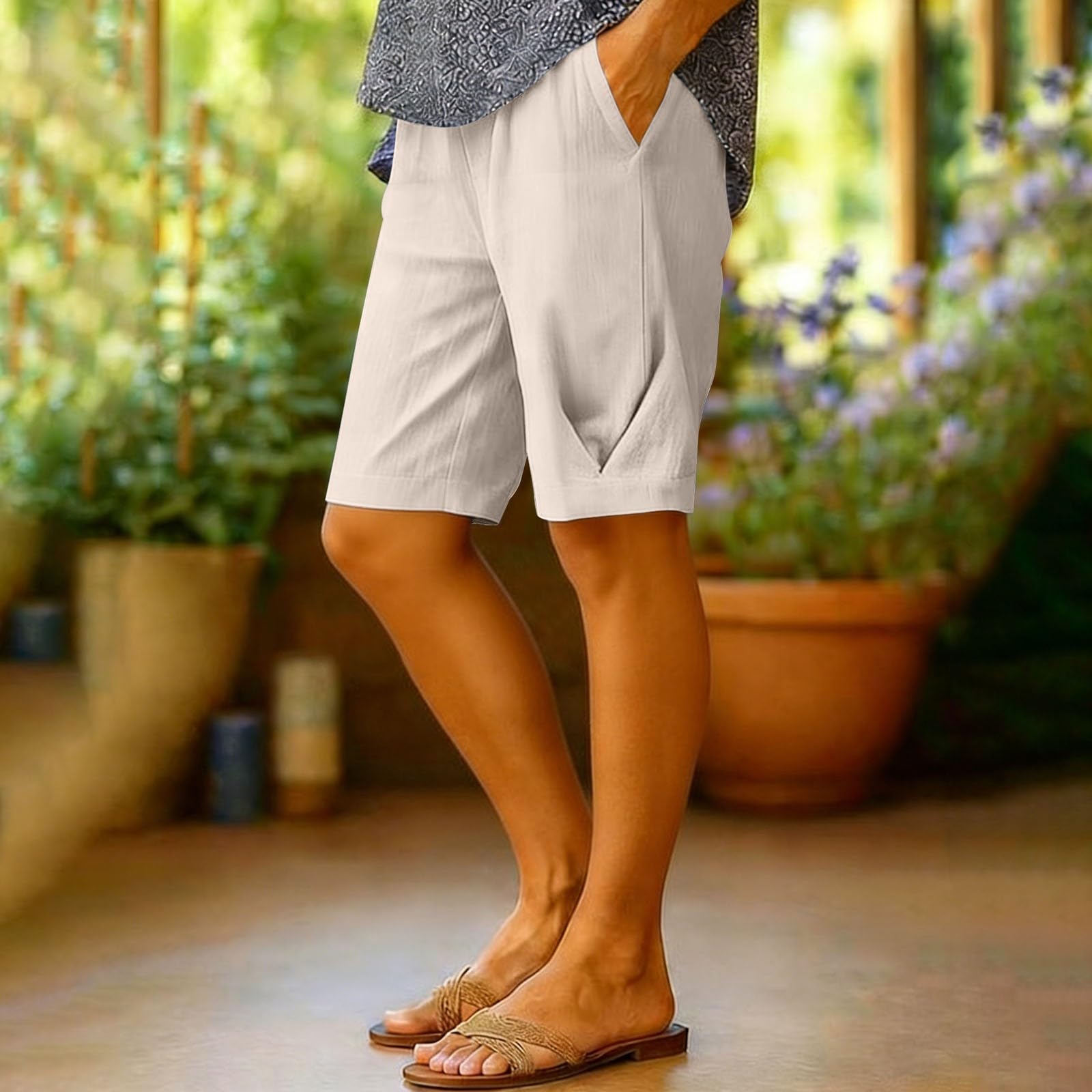 Women s Fashionable Loose-Fit Straight-Leg Shorts: Casual Cotton Wide-Leg Cropped Shorts With Elastic Waistband L бежевый