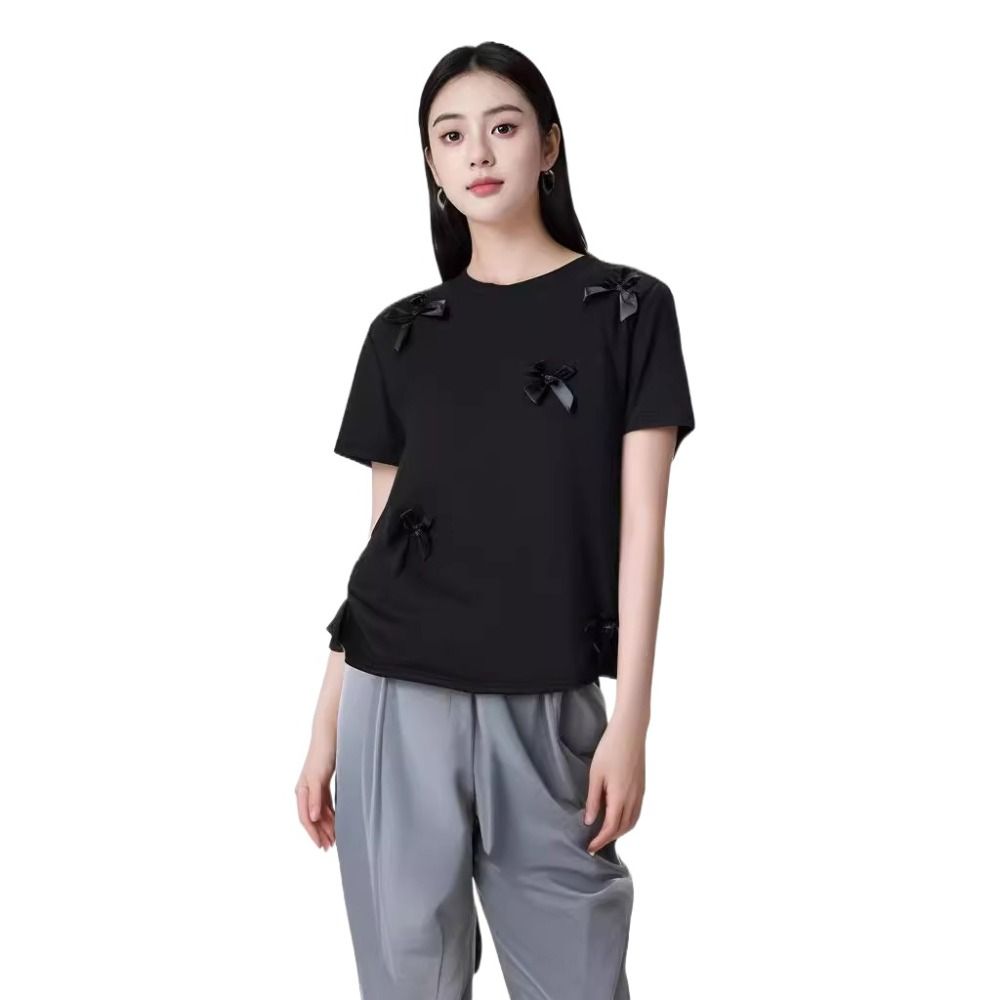 

Short Sleeved Balletcore Bow T-shirt Slim Sweet Crop Top Personality Bowknot Shirt Women Girls L чорний