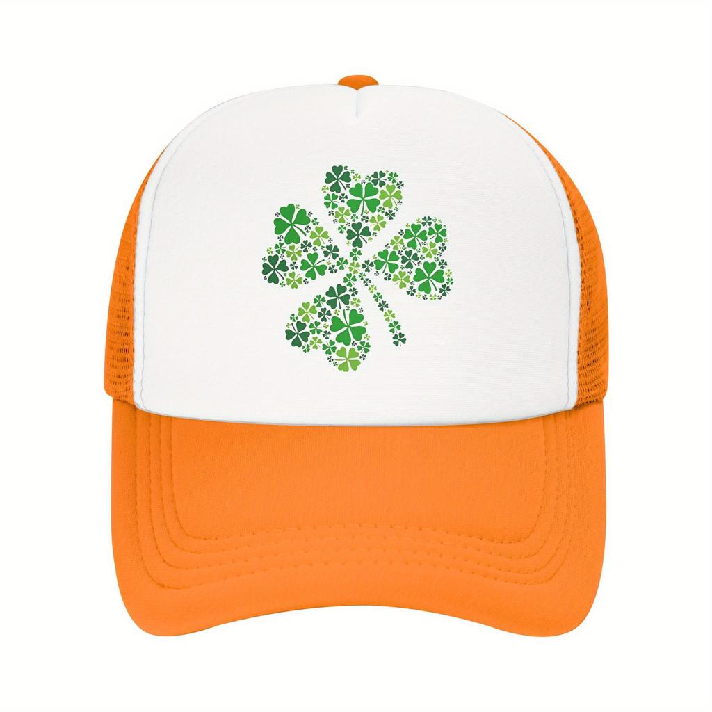 Four Leaf Clover Trucker Hat Breathable Mesh Baseball Cap Green Print Casual Adjustable Unisex Adult