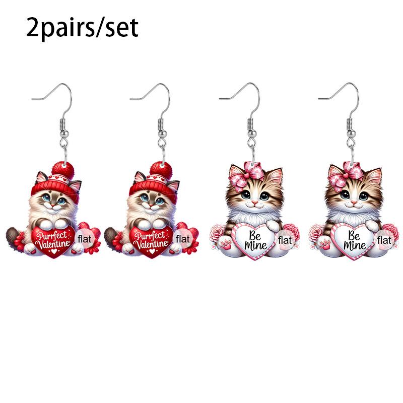Valentinstag Ohrringe für Frauen Modische Acryl Rot/Rosa Blume Katze Ohrringe Süße Niedliche Ohrringe Hochzeitsparty Ohrringe Weihnachtsgeschenke