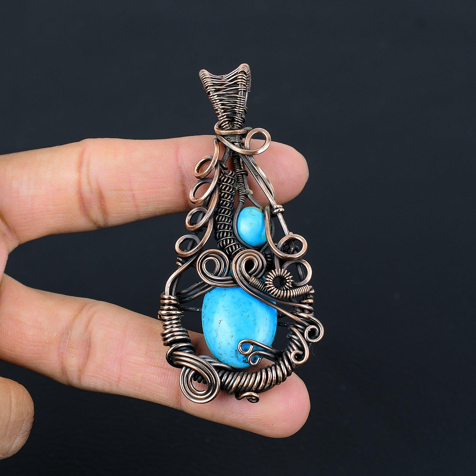 

Arizona Turquoise Gemstone Pendant, 999 Copper Wire Wrapped Pendant Jewelry, Handmade Antique Jewelry Gift For Mother 2.55 Inches