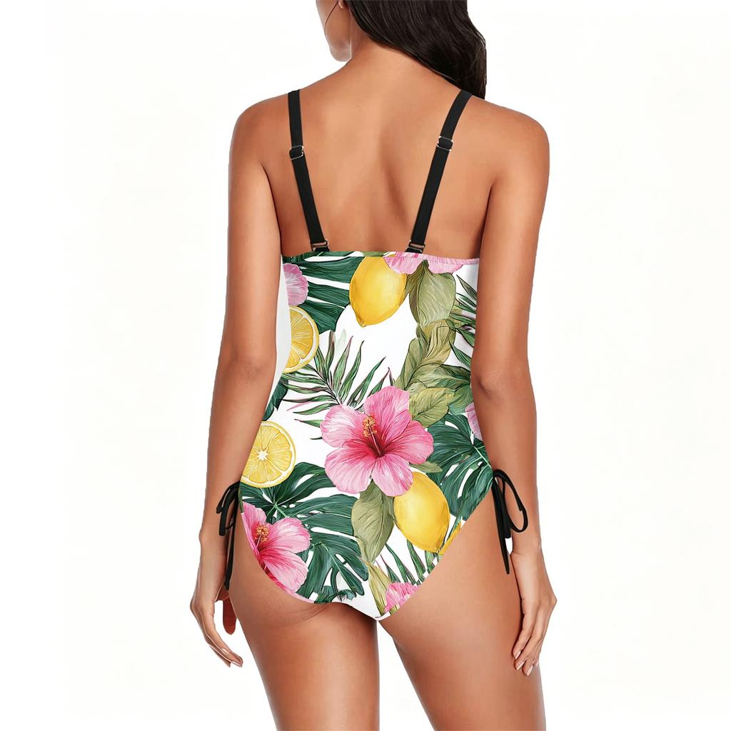 Women Swimsuit Floral Print with Adjustable Side Ties Scoop Neck Bathing Suit for Swimming Pool Beach Sports