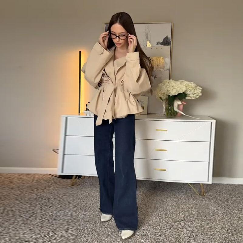 Cardigan cu rever și cordon, jachetă de vânt pentru femei, largă, rezistentă la vânt, cu mâneci lungi, pentru navetă, îmbrăcăminte exterioară, stil retro britanic, toamnă 2025