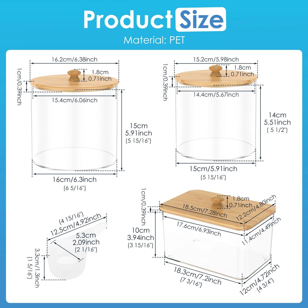 3 Pack Laundry Pod Container Plastic Transparent Desktop Storage Box with Scoop and Wood Lid Washing Tablet Storage Container