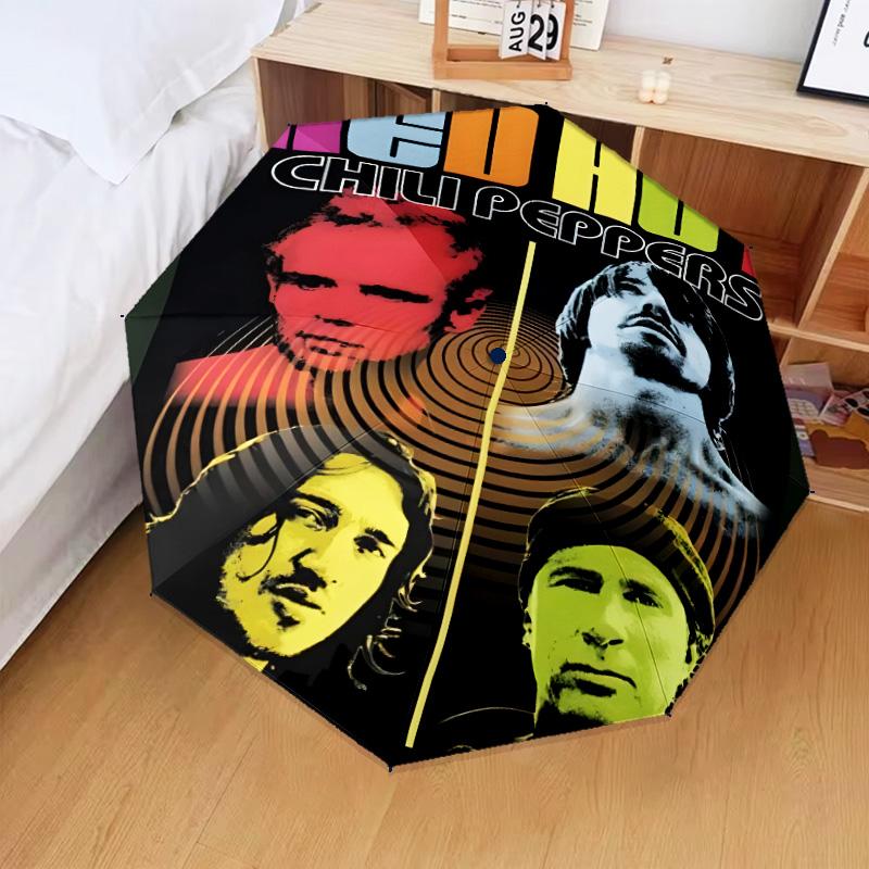 1PC Hot Chili Music Automatic Folding Umbrella 8-Rib Travel Umbrella with Auto Portable Case, Ideal Gift for Birthdays