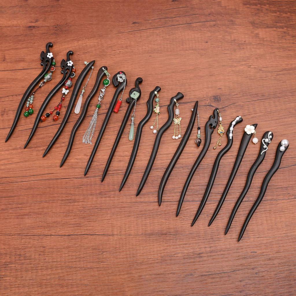 Ancient Style Black Sandalwood Tassel Hairpin for Qipao & Hanfu