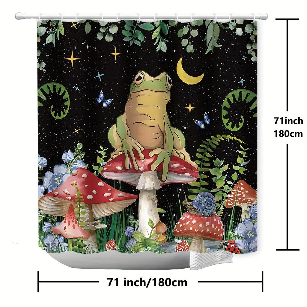 Shower Curtain: Enchanted Forest Design with Frog and Mushrooms for a Magical Bathroom Decor