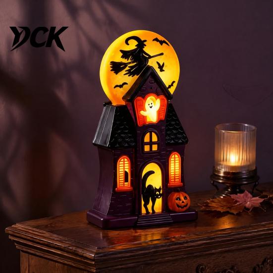 Mystical Halloween Shadow Lamps Haunted House Blow Mold Light, Vintage Pre-Lit Mansion Decor with Glowing Witch Retro Ghost Ornaments Moon Black Cat,
