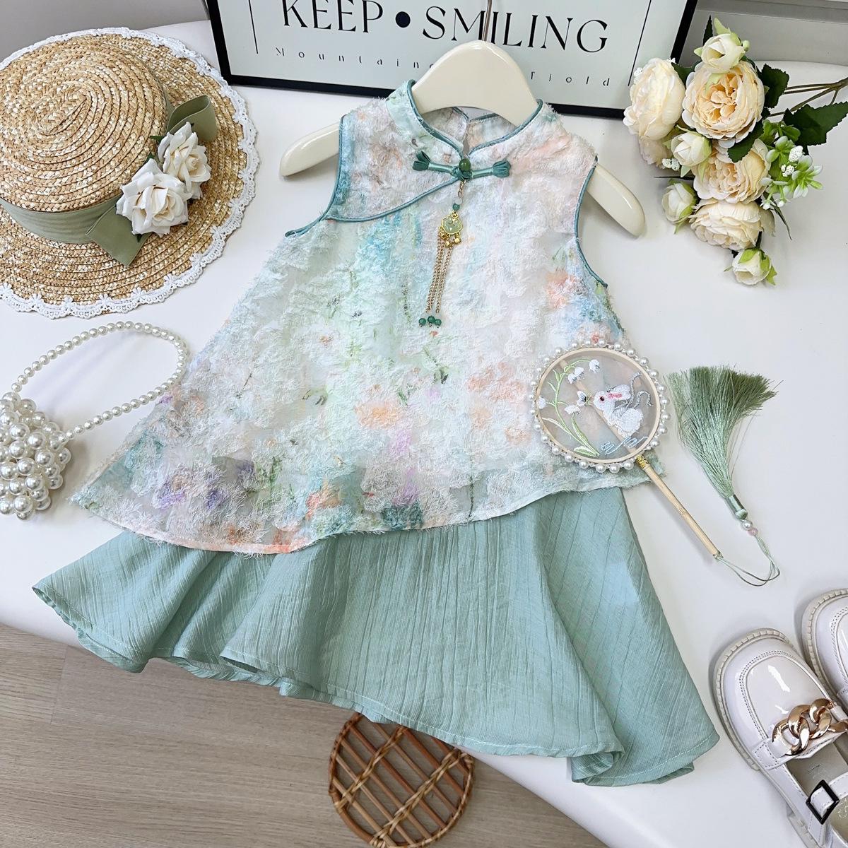Girls  Sleeveless Hanfu-Style Embroidered Summer Dress - CM1208 Size 140 зелёный