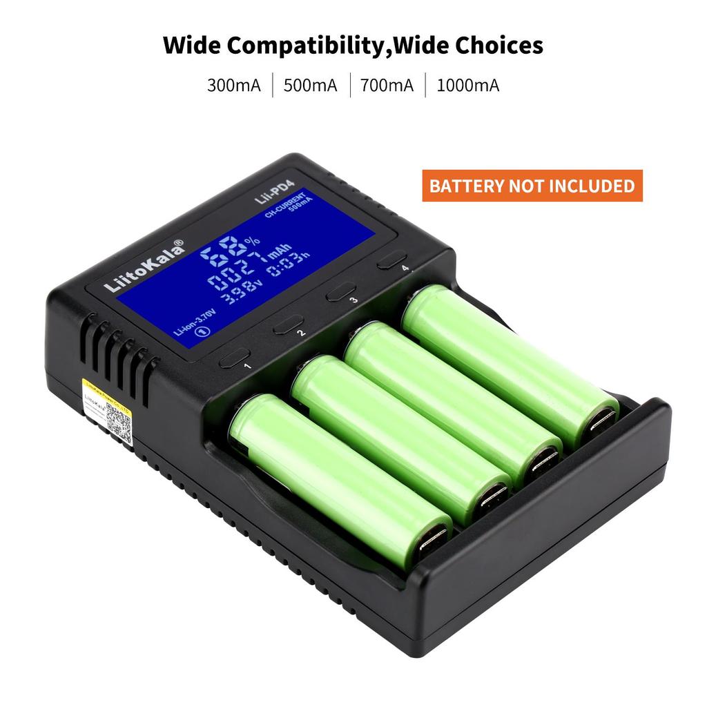 LiitoKala lii-PD4 LCD 3.7V 1.2V 18650 26650 16340 14500 10440 18500 Li-Ion IMR LiFePO4 NiMH / NI-Cd Battery 4 Sloty Charger