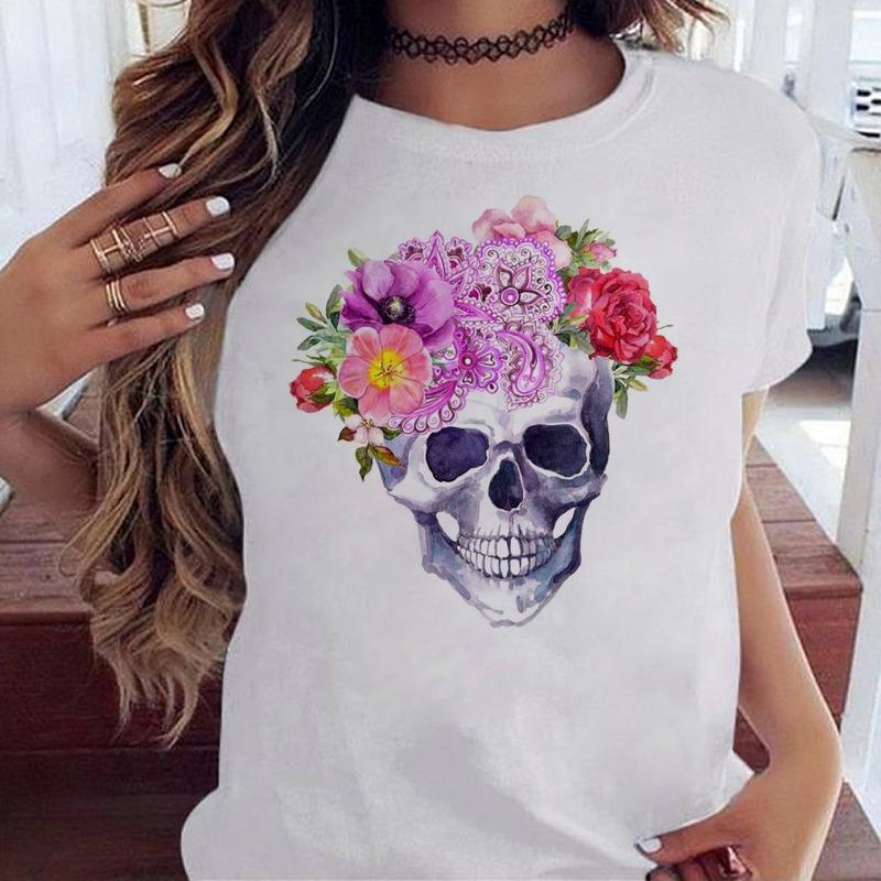 Fashion Skull Flower Print Women T Shirt Summer Casual Short Sleeve O Neck Women Tshirt