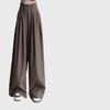 High-Grade Gray Wide-Leg Floor-Length Lace-Up Belly-Control Casual Pants for Women