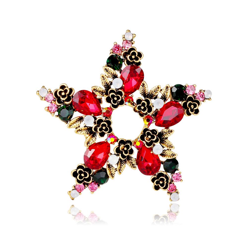 Vintage Flowers Star Brooches For Women Unisex Rhinestone Christmas New Year Party Office Brooch Pins Gifts