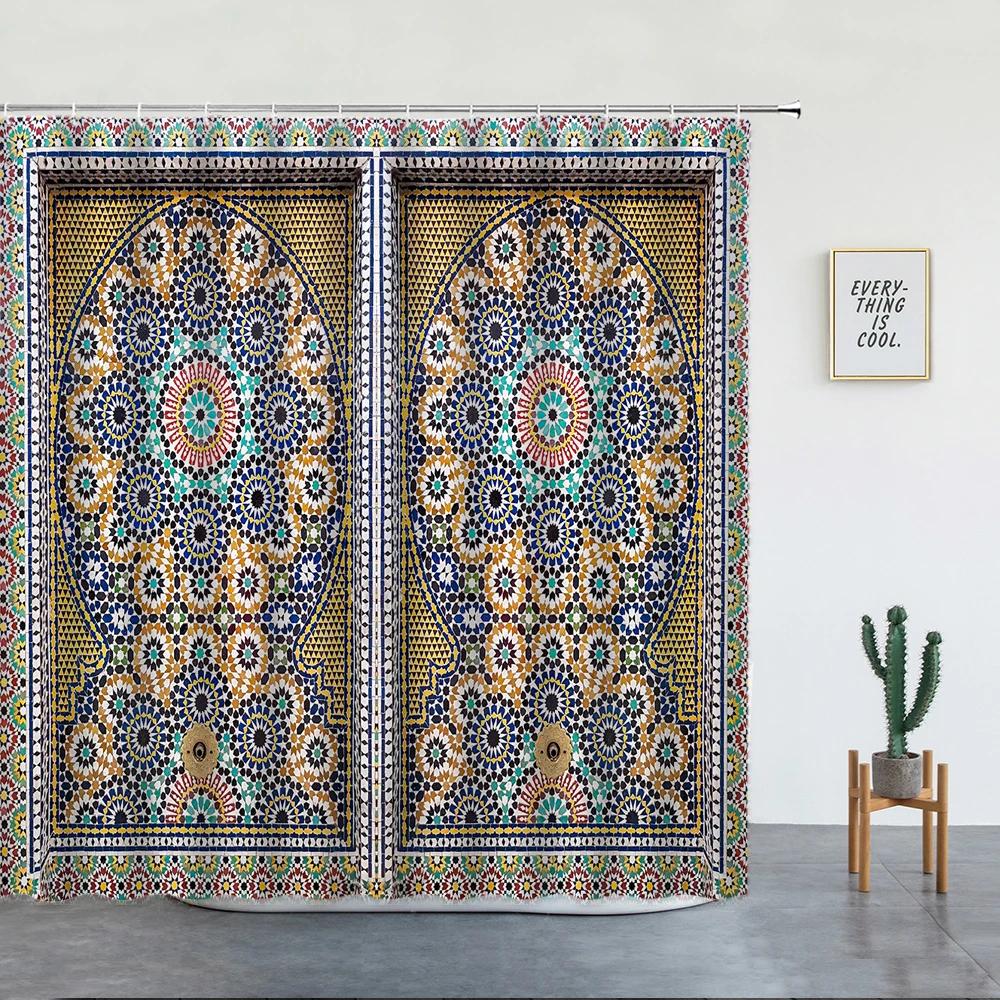 Tenda da Doccia Marocchina 3D Cancello Invecchiato Motivo Geometrico Design Porta d'Ingresso Ingresso Stile Orientale Architettonico Tende da Bagno