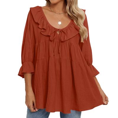 Women's V Neck Three Quarter Sleeve Ruffle Blouse Loose Fit Casual Solid Color Tunic Top
