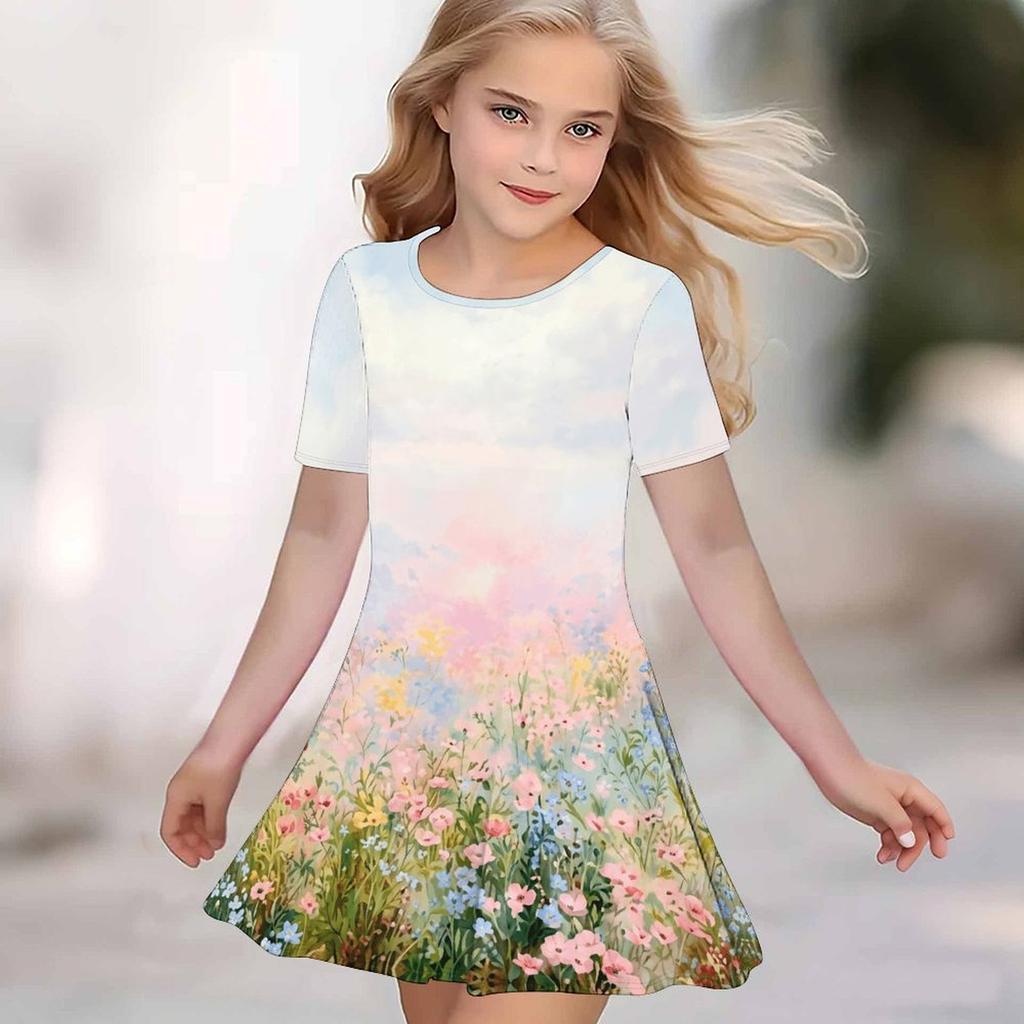 Vestiti Stampati 3D per Bambine Vestito Corto a Manica Corta da Principessa per Feste Bambina Canottiera con Stampa 3D di Rosa