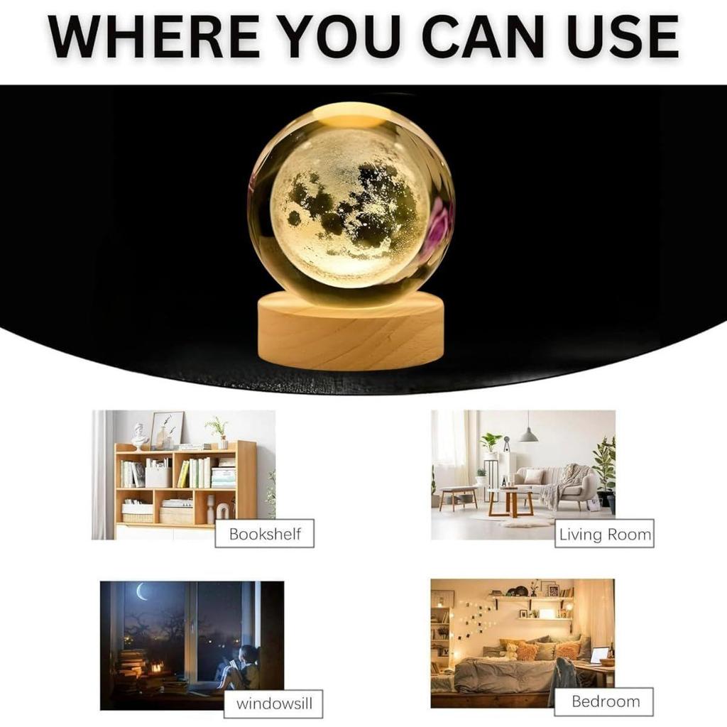 Kristallkugel Universum & Mond Nachtlicht Kombination Heimdeko Geschenke für Männer, Frauen, Jungen, Mädchen, Gravierte Kristallkugel LED Nachtlampe Holzsockel Ideal