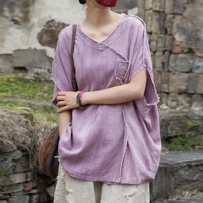 Women Vintage Bat Sleeve T-Shirts Solid Color V-Neck Irregular Summer Loose Patchwork T-Shirts
