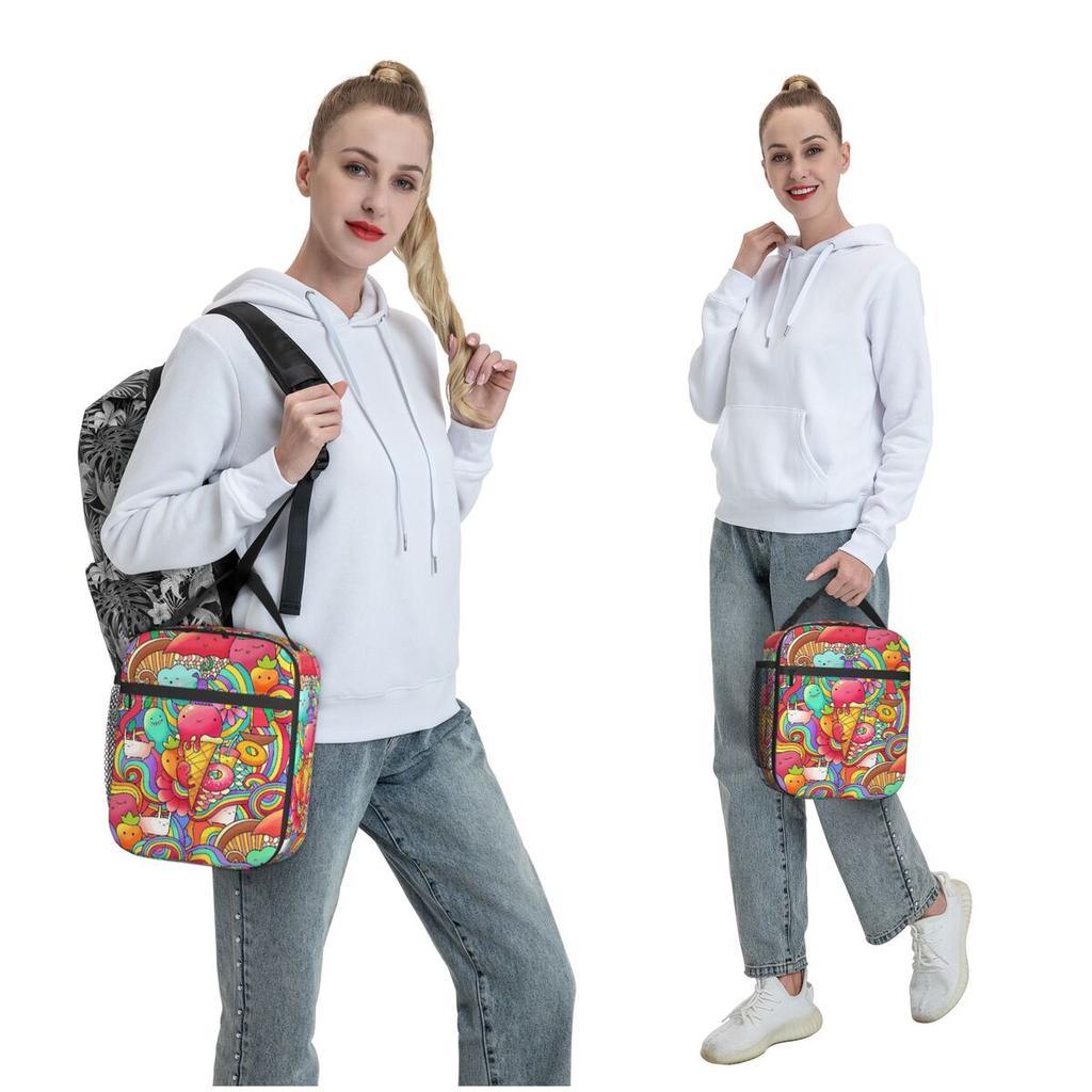 Cartoon Donut Ice Cream Pattern Insulated Lunch Bag for Women Children Portable Food Boxes Thermal Lunch Box Tote