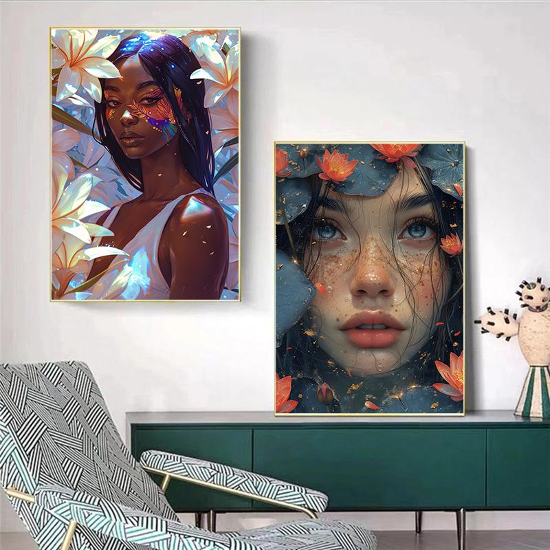 Retro Gorgeous Girl and Flower Portrait Art Poster Canvas Print Wall Painting Living Room Bedroom Home Decoration Aesthetics