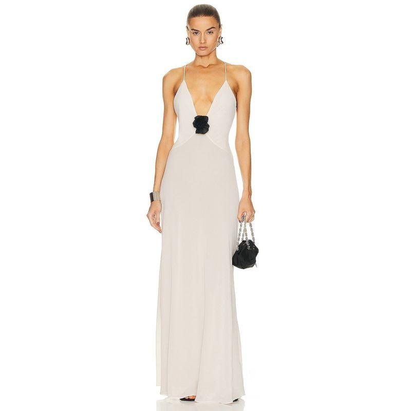 

Dress Fashion Style 2024 New Suspender Long Dress Elegant Sexy V-neck Stitched Backless Chiffon Dress Women White L