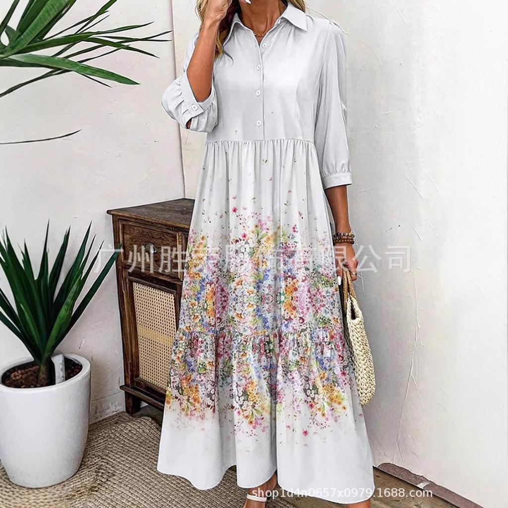 New European and American Women's Clothing Spot Spring and Summer Medium and Long Digital Printing Thin Waist Dress