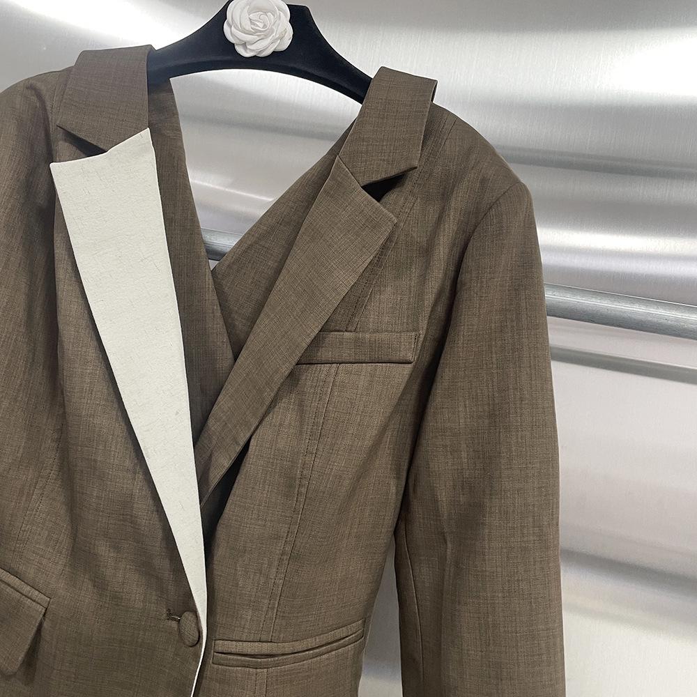 Women's Spring 2026 Slim Fit Brown Color-Block Suit Jacket - Professional & Stylish