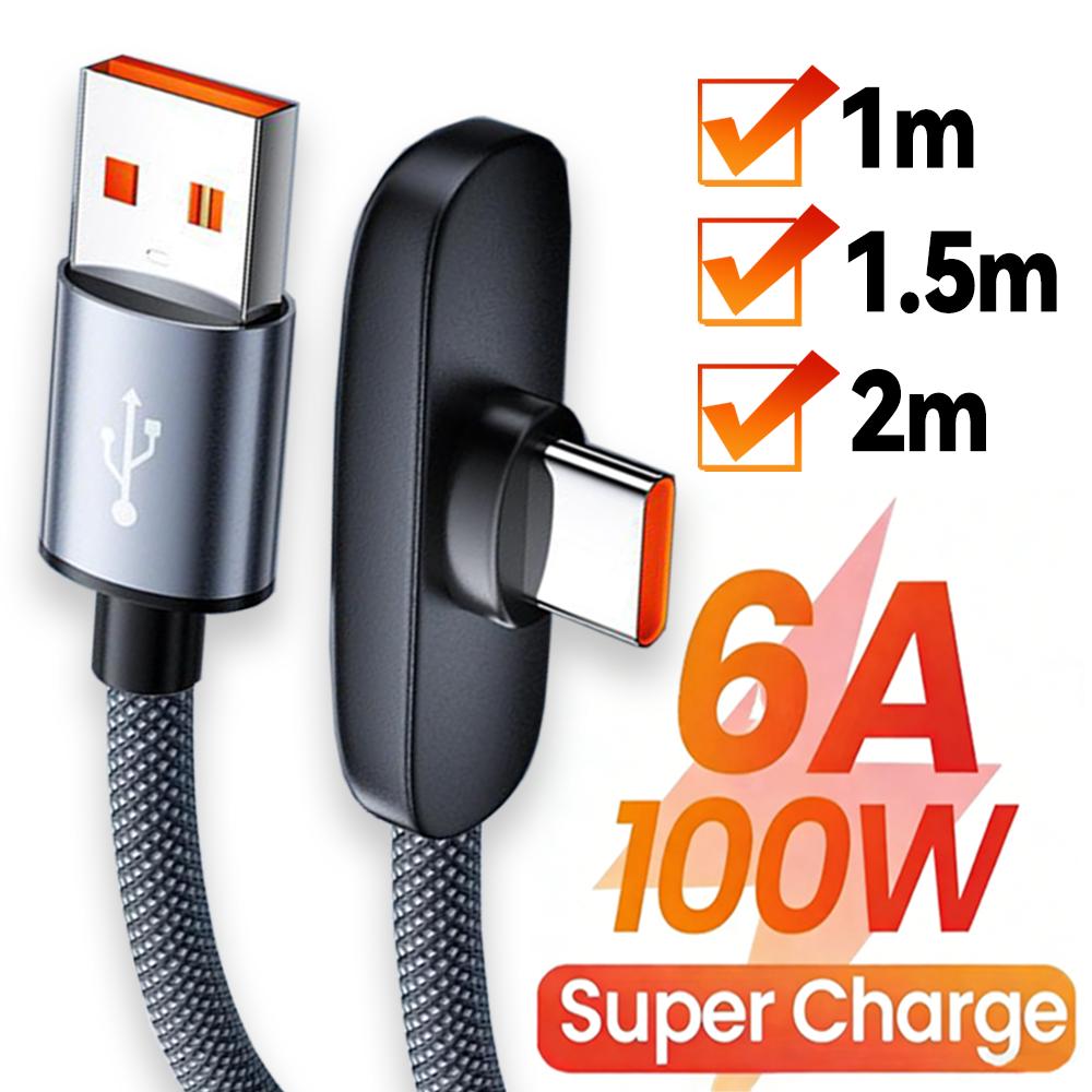 3-1PCS 100W 6A Right-angle USB To Type-C Fast Charging Data Cable Braided Cord for IPhone Samsung Xiaomi Phone Laptop 1/1.5/2m