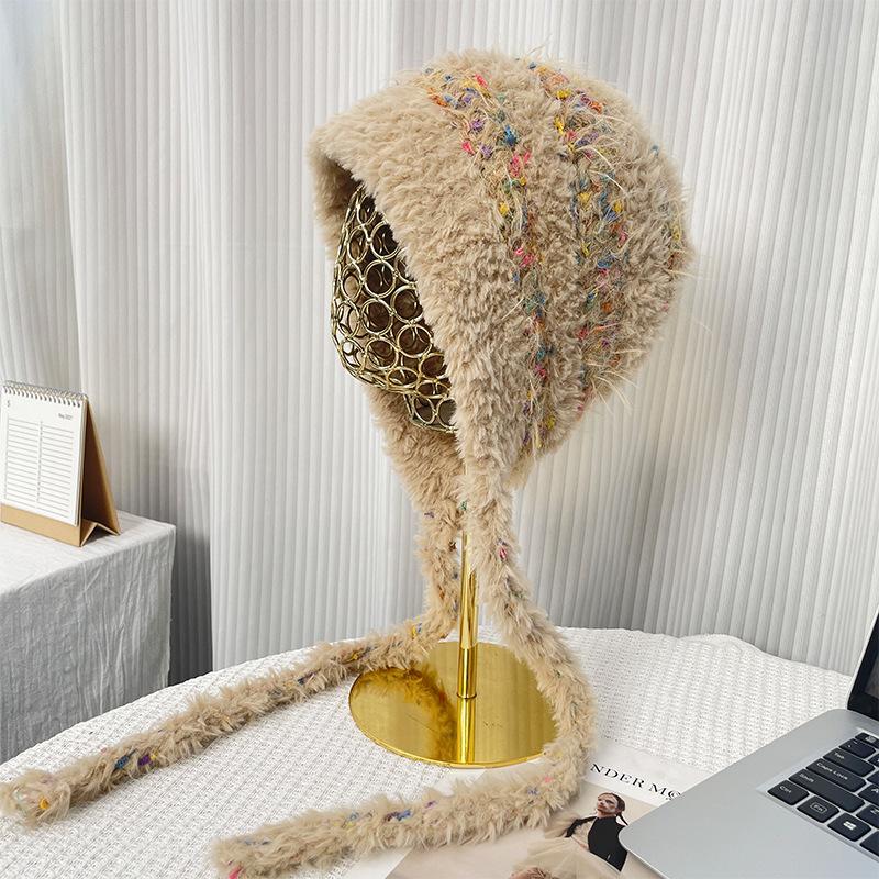 Color matching plush hat women's autumn and winter thickened warm and cold-proof small face outdoor knitted cold hat