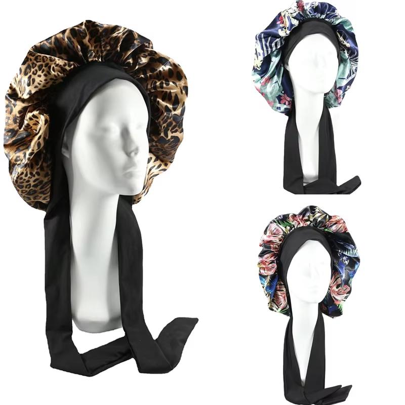 Damen Satin-Schlafmütze in Übergröße, Nachtmütze, Haarpflege Seiden-Bonnet, Flecken-Haarkappe für Frauen mit lockigem, federndem Haar