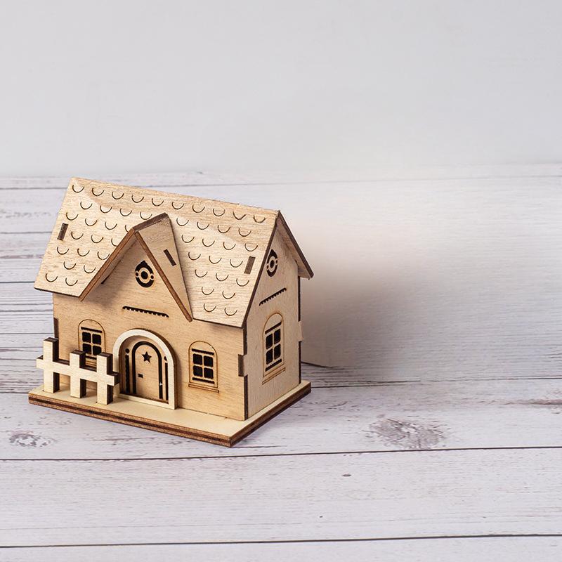 Christmas Wooden Atmosphere Luminous Small Wooden House Decorations Home Furnishings Holiday Wooden Handicraft Decorations