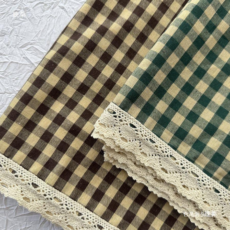 Dark Green Plaid Cotton-Linen Retro Half-Length Curtain for Windows or Cabinets