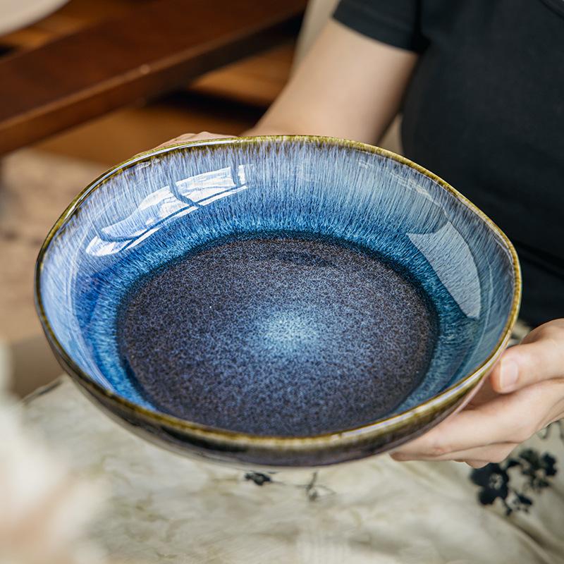 Retro Ceramic Tableware Plates, Deep Plates, Household Large Vegetable Plates, Kiln-Changed Glazed Vegetable Bowls, Soup Bowls, Restaurant Export