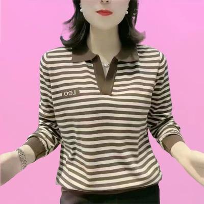 Herbst Neue Mode Dopamin Modisch Übergröße Mittelalter Baumwoll-Poloshirt Langärmelig mit Kragen Damen-T-Shirt